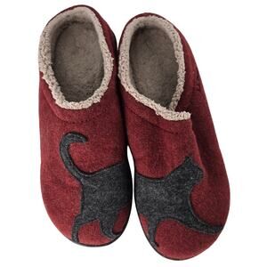 LL Bean Womens Daybreak Scuffs Kitty Cat Wool Comfort Slippers Rubber Sole Red